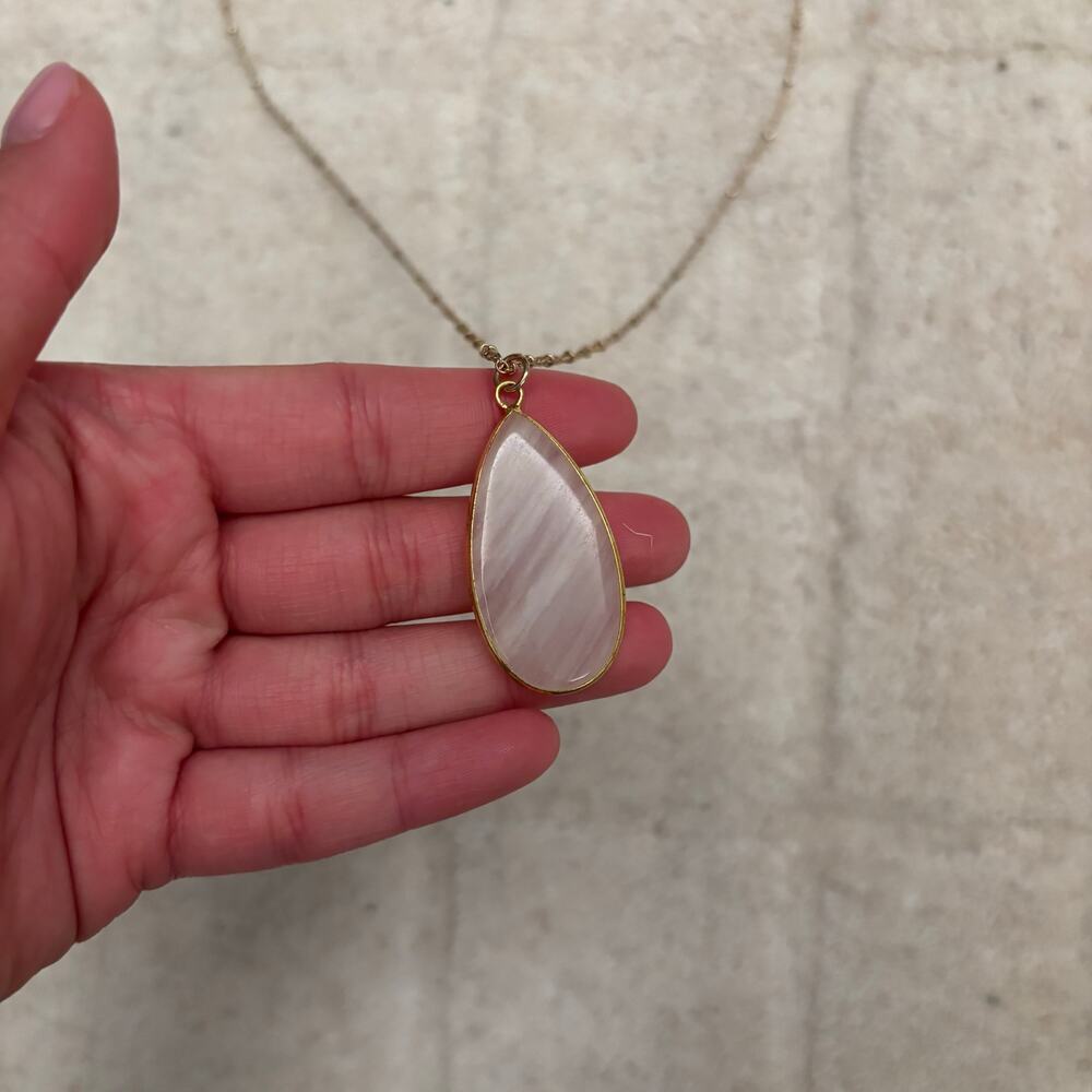 Gold clear quartz necklace teardrop pendant long crystal boho